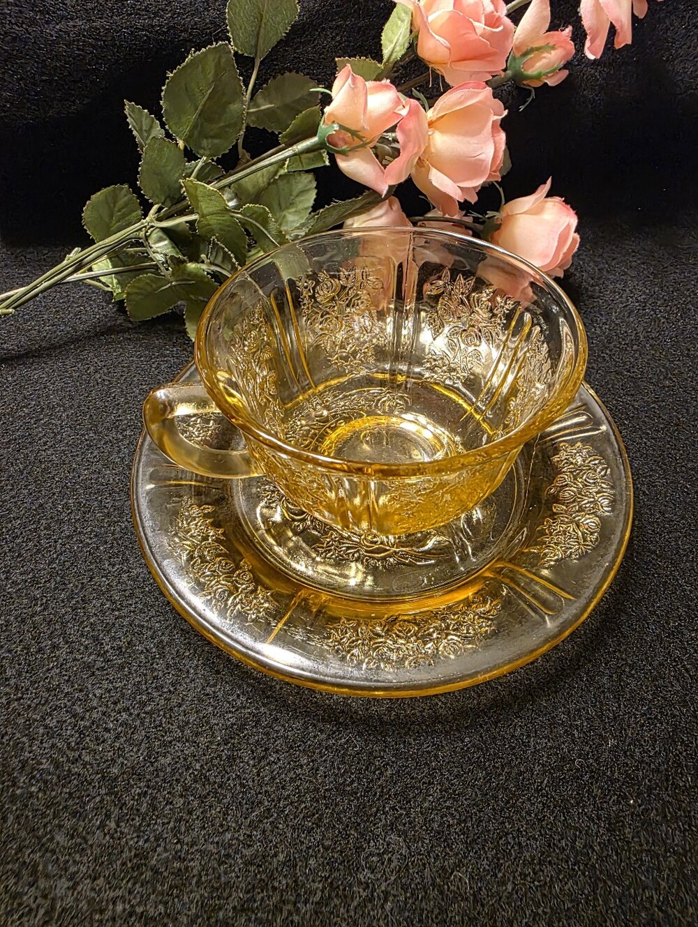 Federal Glass CO, Amber Sharon Cabbage Rose Glass Teacup and Saucer Set Vintage